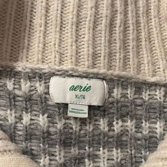 Aerie Gray Cream Wool Blend 1/4 Zip Pullover Sweater Oversized XL - Picture 7 of 9